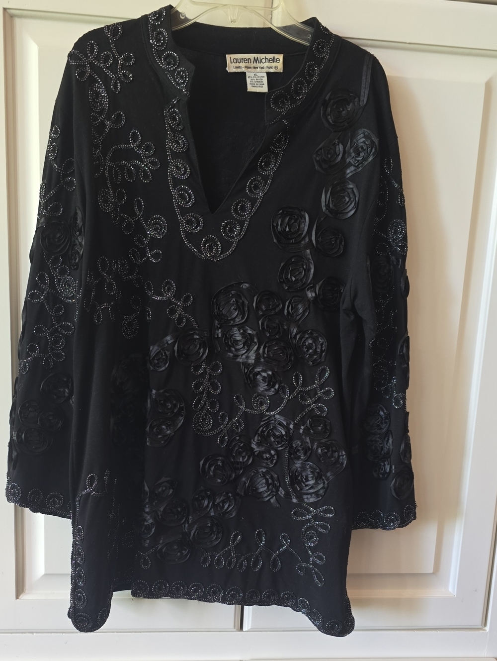Lauren Michelle Black Embellished V-Neck Top with Rosette Appliqués